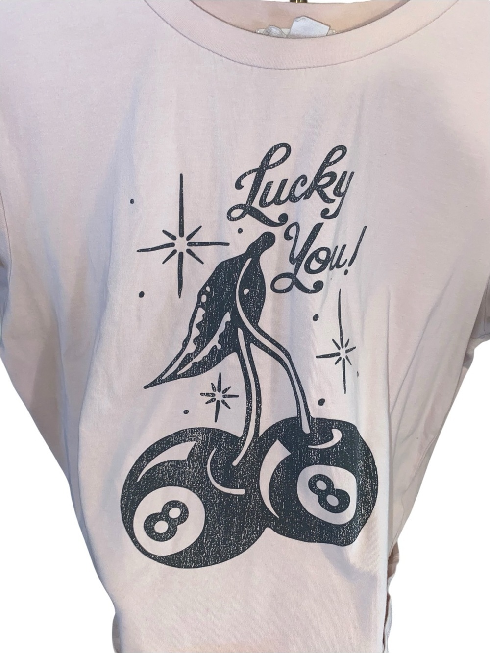 Outlaw Cherries Lucky You 8-ball Tattoo Pink Graphic Tee cropped Tshirt Retro - Picture 3 of 6